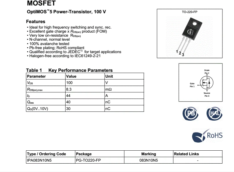 (10pcs) IPP083N10N5 TO-220 N-Channel MOSFET Transistor New original 083N10N5