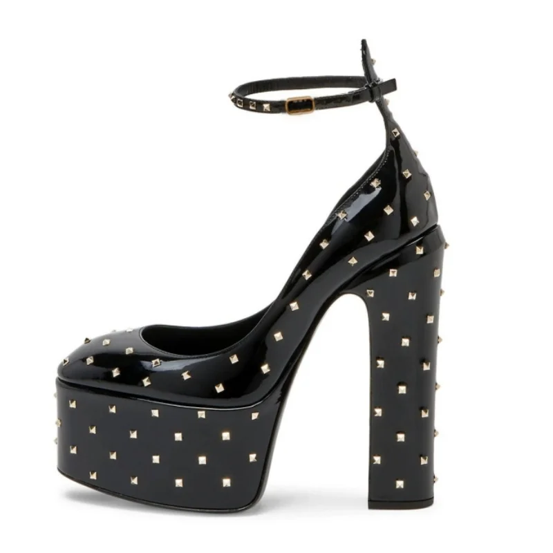 

Rivet Decoration Women Pumps Round Toe Crude Heel Platform Femme Sandals Solid Color Thick Bottom Lady Super High Heels Shoes