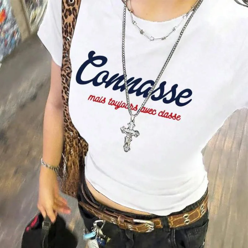 

2025 Summer New Women's Casual Short Crop Top! Blue Vintage Letter Print, Slimming & Flattering & Super Versatile
