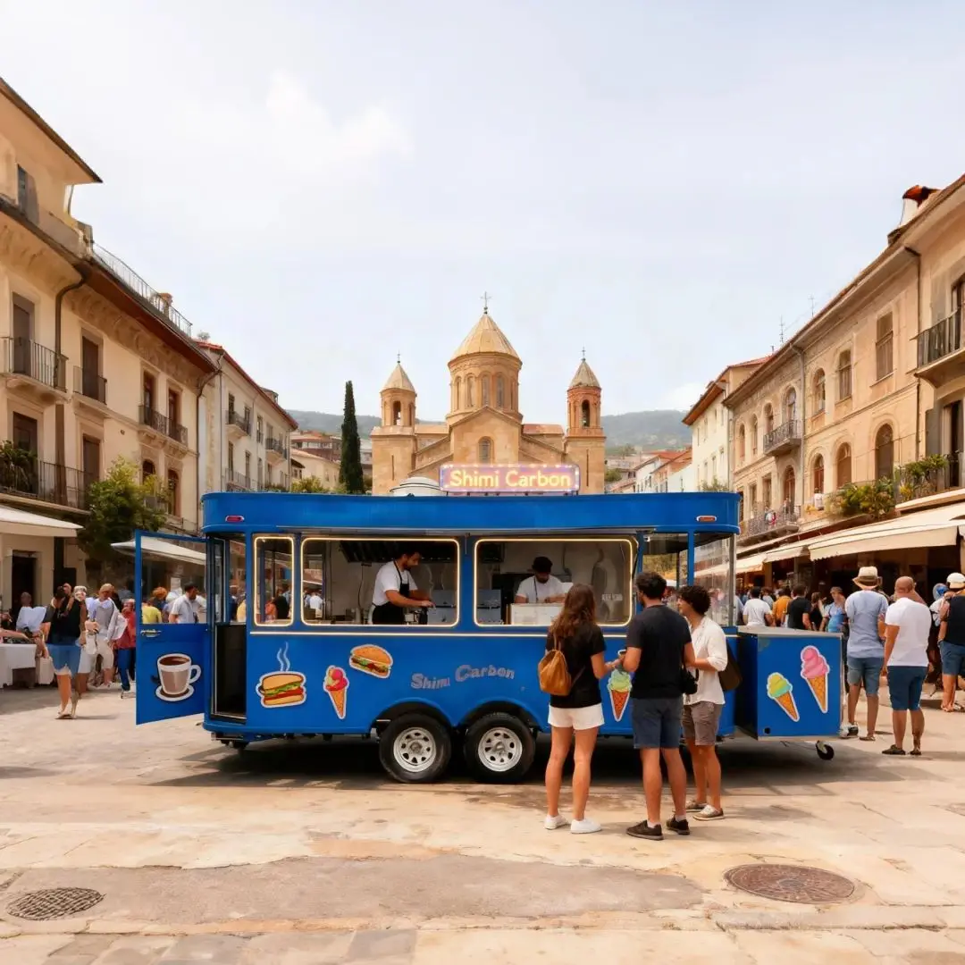

Outdoor Food Trailer Blue Large Transparent Glass Windows Internal Lighting Visible Food Preparation Process Catering Stand