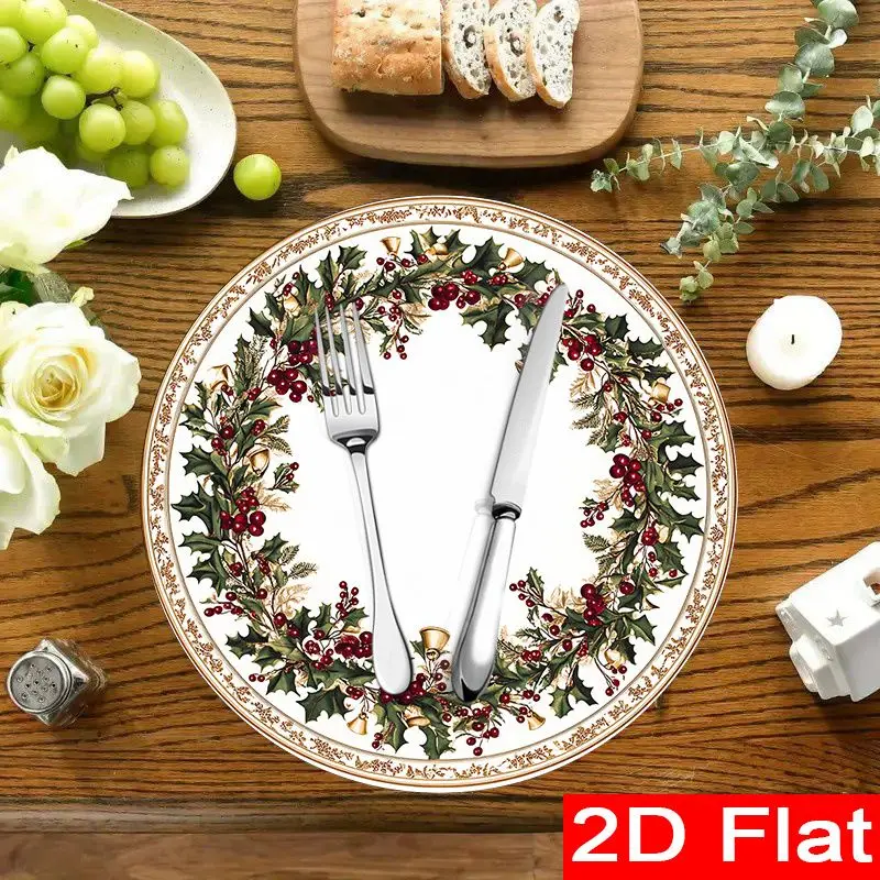 VIKAMA Christmas Placemats Holly Bells Gold Edge Linen Table Mats Set Dining Xmas Table Setting Home Decor
