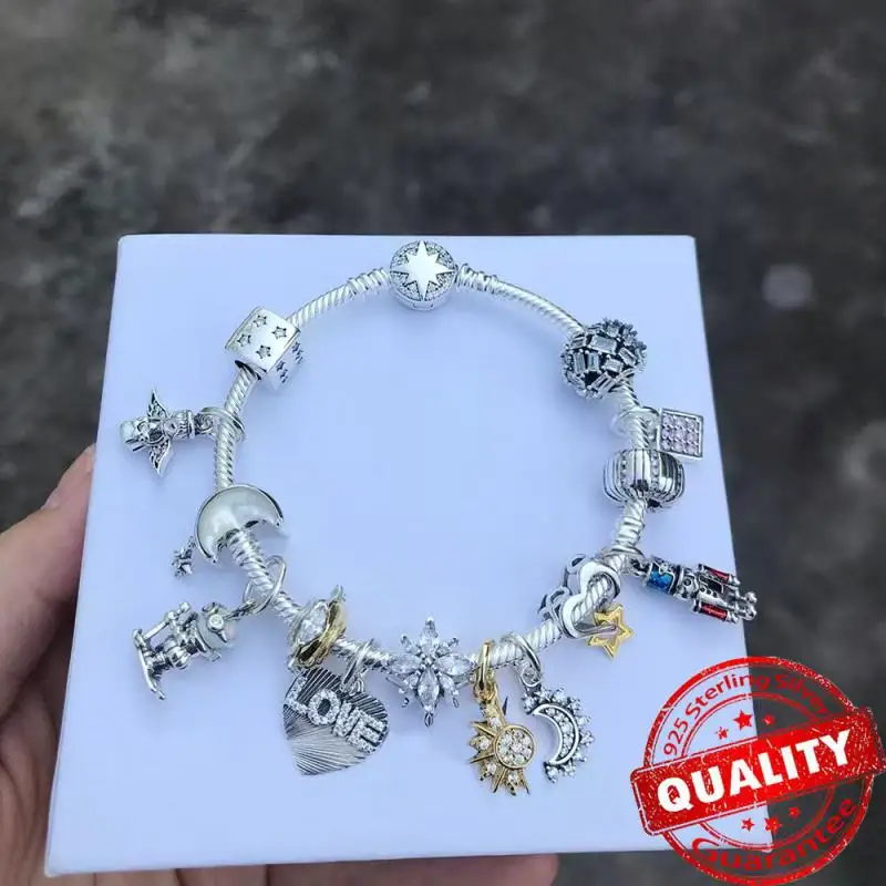 Popular S925 Silver Lucky Star & Heartdice Sparkling Bow Dangle Charm Fit Original Bracelet Diy Birthday Jewelry Gift 2025