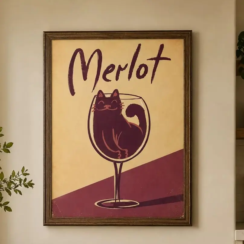 Merlot Cat Wine Glass Poster,Canvas Wall Print,Modern Art Illustration,HighGrade Home Decoration Artwork for Bedroom,Living Room