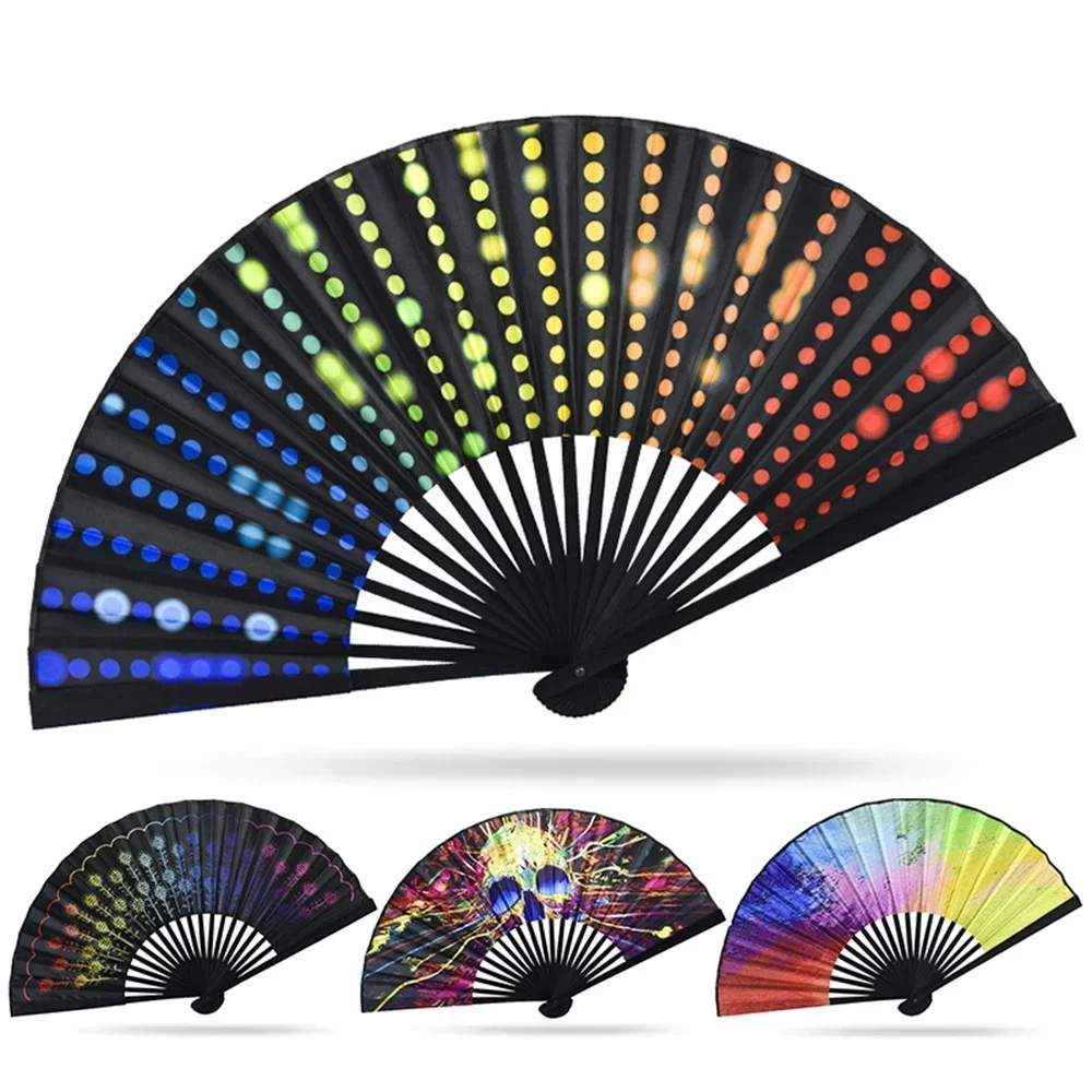 23cm Large Folding Hand Rave Fans Chinease/Japanese Gradient Colorful Reflective Foldable Fan Music Festival Fan Dance Fan Gifts