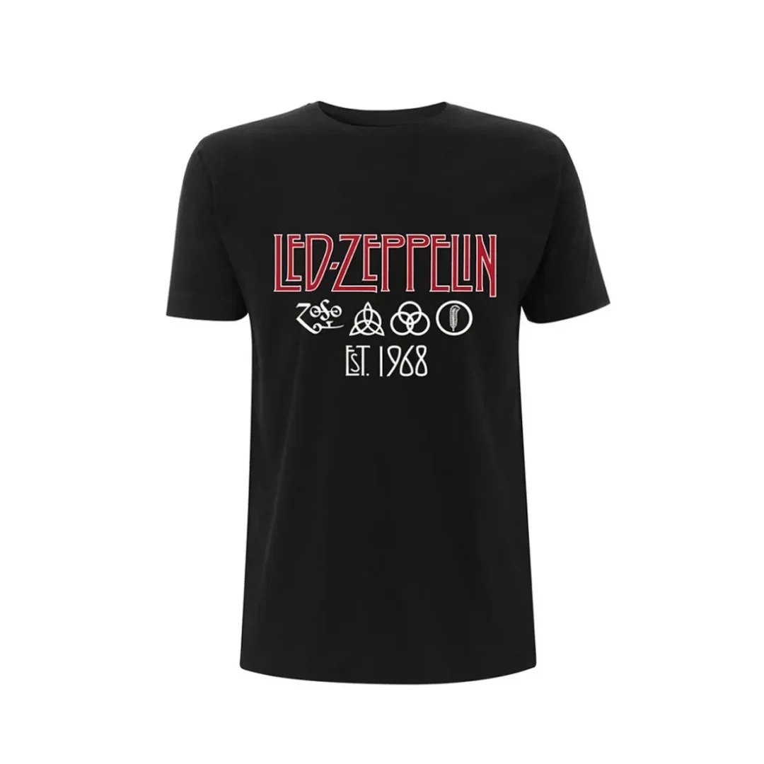 Camiseta Preta Led Zeppelin - Símbolos Est 68, Camiseta Gráfica de Banda de Rock, Camiseta de Algodão Puro para Verão, Camiseta Masculina, Roupa Infantil, Camiseta Feminina