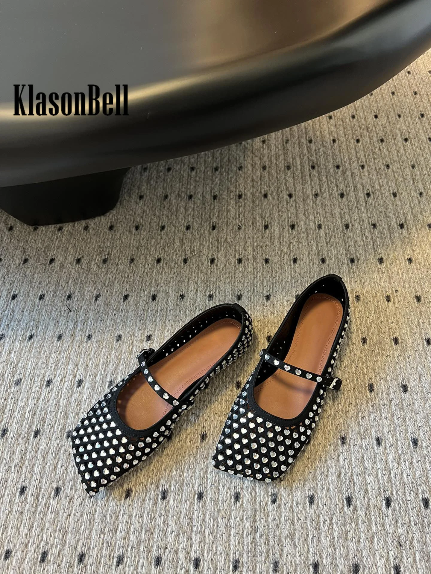 7.19 KasonBell Women Fashion Bling Love Crystal Hollow Out Ballet Flats Shoes Buckle Strap Square Toe Cow Suede Pumps