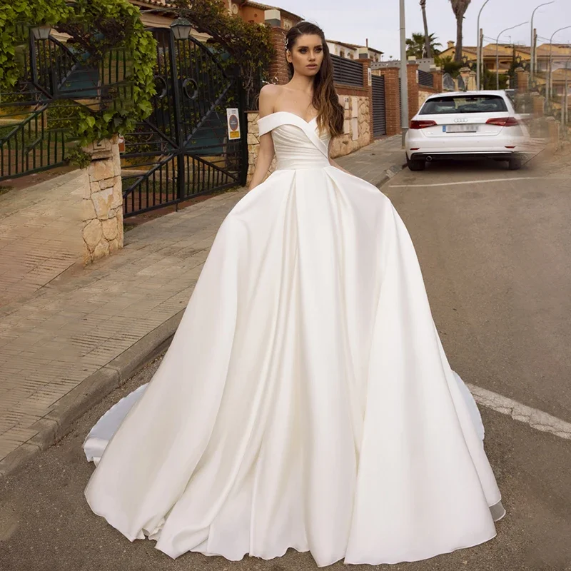 Simple Satin Wedding Dress 2025 Boho Vestidos De Noiva Off Shoulder With Pockets A-Line Wedding Gowns Bride Gown Party Dress