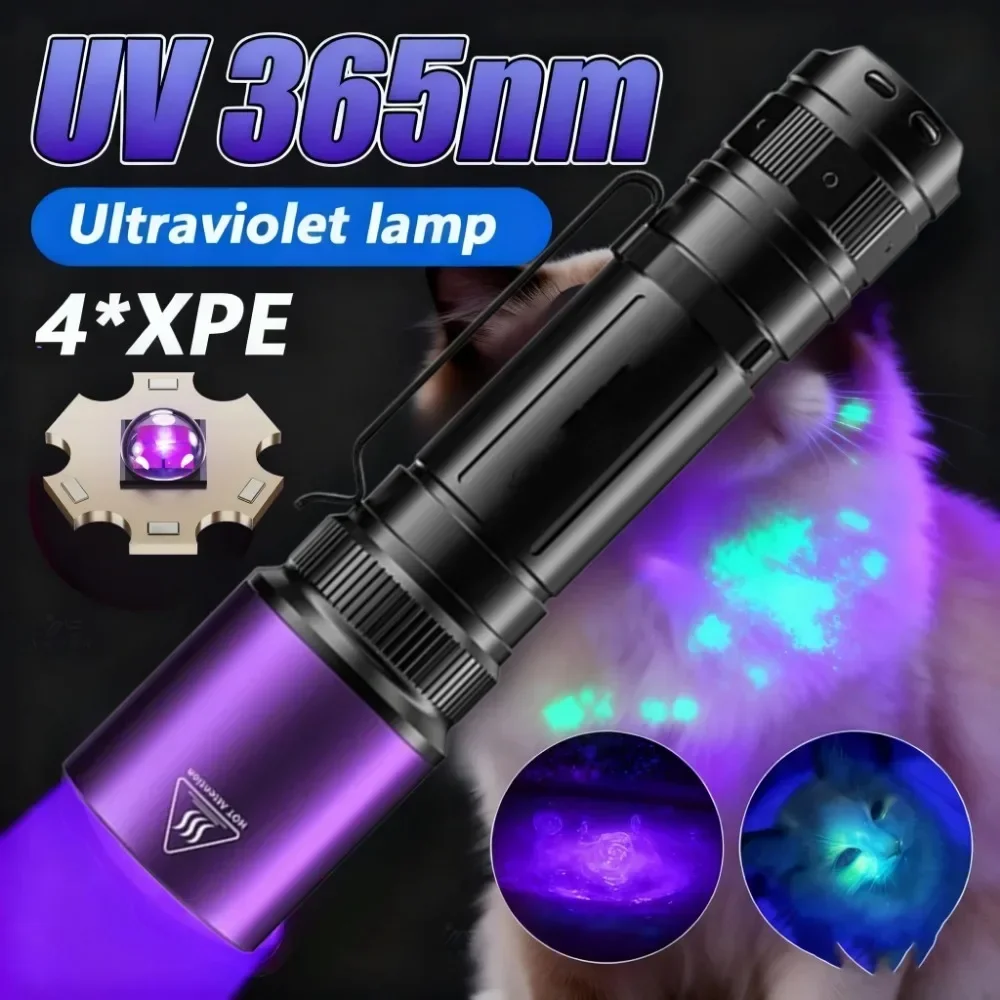 365NM Black Mirror UV Check Lamp 4-Core High Power Flashlight 18650 Battery Rechargeable for Resin Curing Pet Urine Inspection