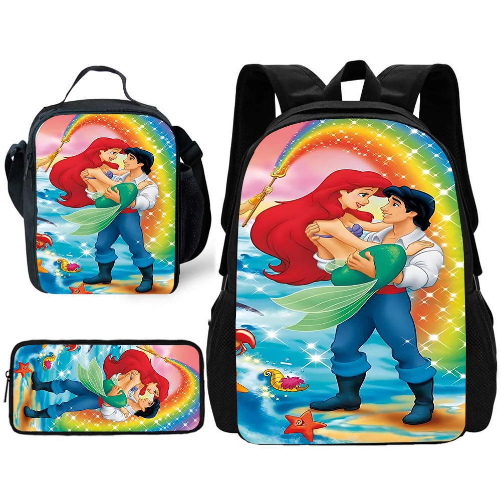 Set da 3 pezzi Zaino scolastico per bambini carino principessa Ariel sirena con borse per il pranzo, borse per matite, borse scolastiche per ragazzi e ragazze, miglior regalo