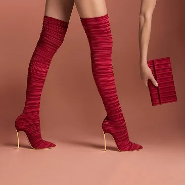 

Red Satin Stretch Fabric Women Stilettos Metal High Heel Boots Over Knee Long Boots For Ladies Pointed Thigh High Boots