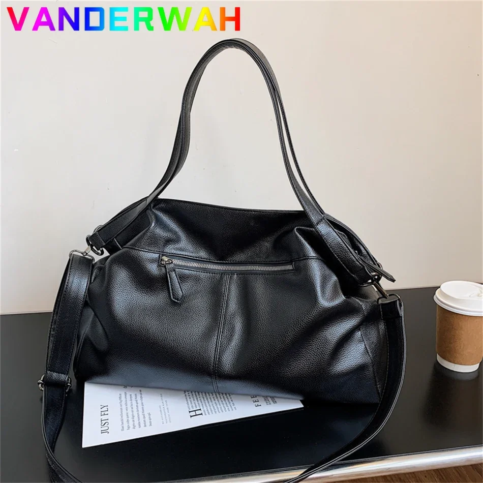 Bolso de hombro grande de piel sintética para mujer, bandolera grande de Color negro, bolso de mano para viaje, 2024