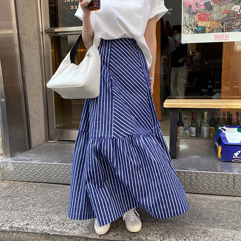 

Корейская юбка-миди трапециевидной формы с высокой талией в полоску, лоскутная длинная юбка, женская шикарная летняя дизайнерская универсальная утягивающая юбка
