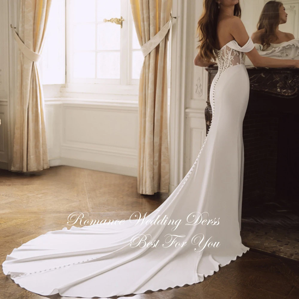 Moderno laço plissado fora do ombro sereia vestido de casamento sem alças aberto volta botões tribunal trem vestidos de novia personalizado