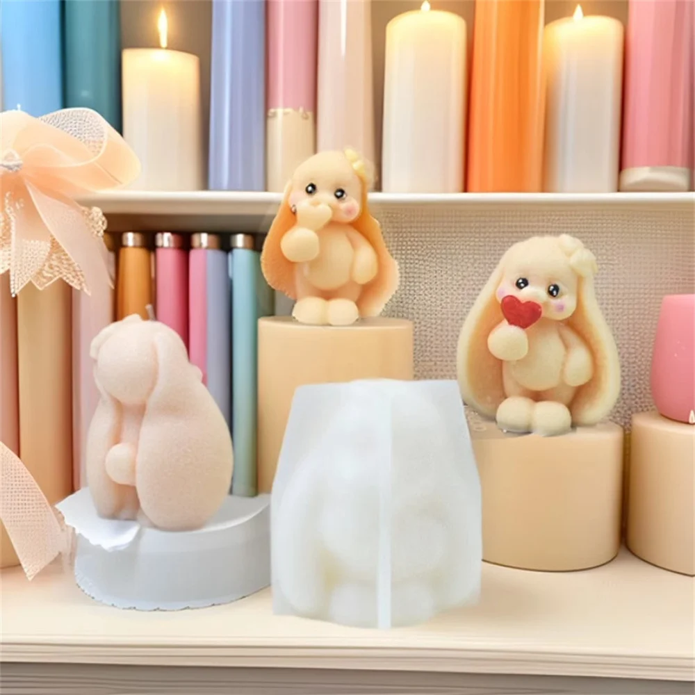 3D Long-eared Rabbit Silicone Mold Holding Love Lollipop Bunny Candle Mould Soap Resin Crafts Easter Molds Plaster Home Decor