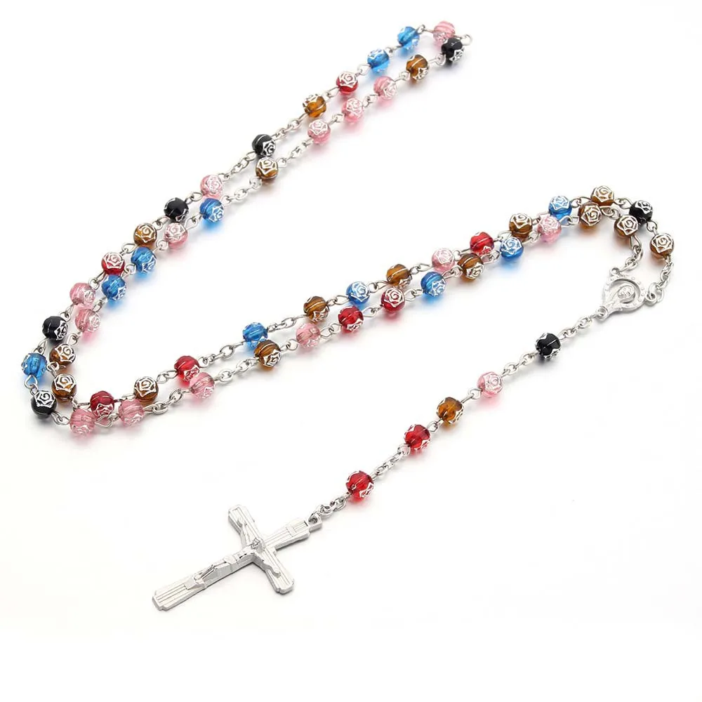 6MM Acrylic Rosary Necklaces For Women Men Rose Beads Long Chain Crucifix Cross Pendant Religious Prayer Jewelry