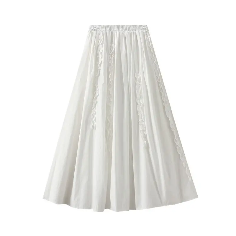 Korean Style Fashion Women Ruffles High Waisted A Line Beige White Skirt , Woman Spring Summer 2025 New Folds Skirts
