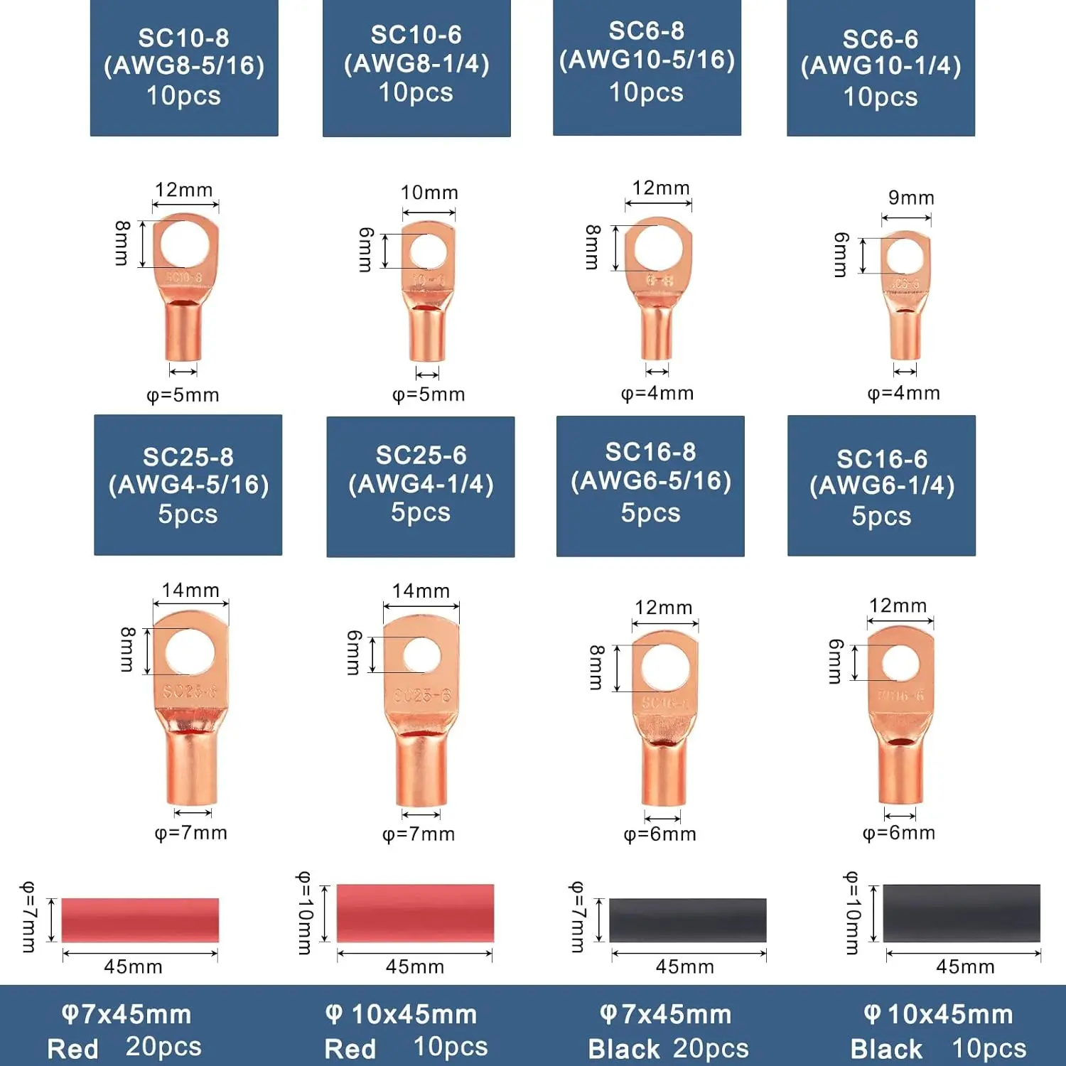 120Pcs Copper Wire Lugs with Heat Shrink Tubing Set, 60Pcs AWG10 8 6 4 Ring Terminal Connectors Tubular Electrical Wire End