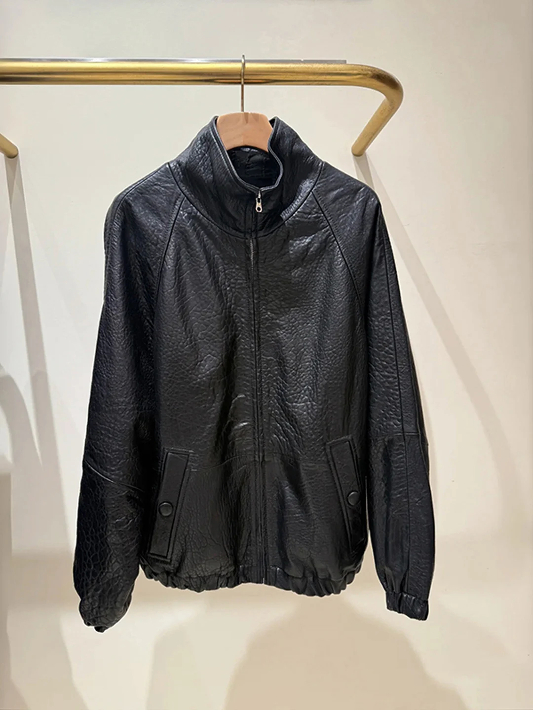 

Bla Textured Lamb Leather Zipper Jaet Stand Collar Maintenance Free Outerwear for Women Casual Commute Sle