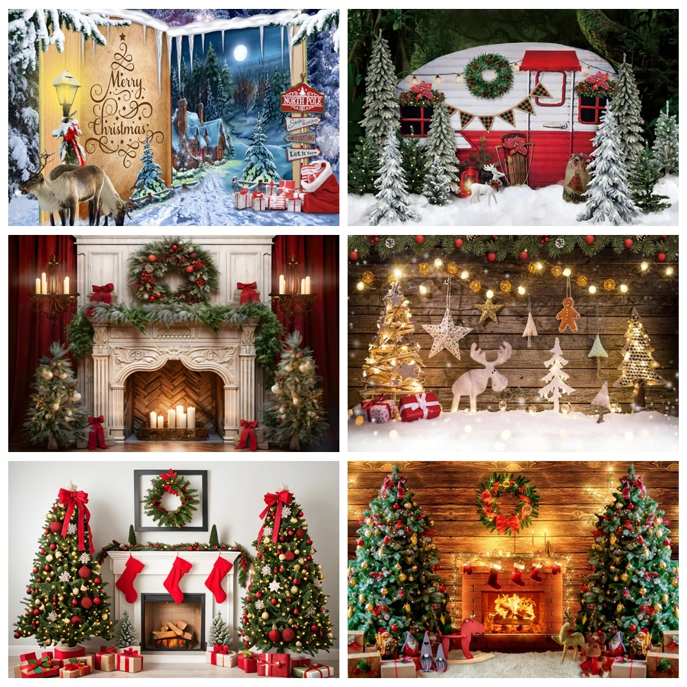 

Christmas Photography Backdrop Winter Night Window Fireplace Wood Floor Xmas Tree Snow Kids Adult Family Party Photo Studio Prop