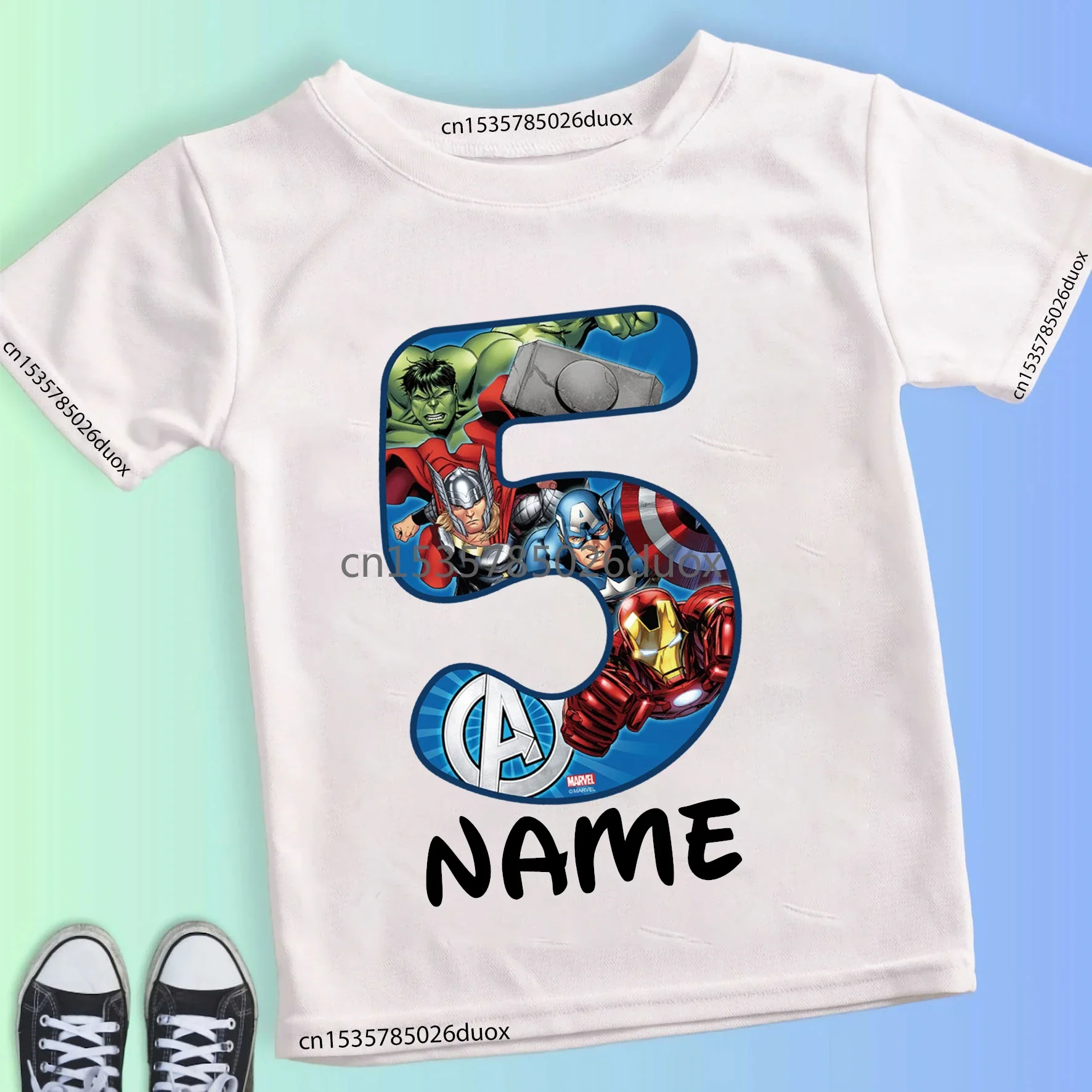 

Girl 2 3 4 5 6 7 8 Birthday Marvel SuperHero Custom Name Short Sleeved T-shirt The Avengers Personalize Name Birthday Boy Shirt