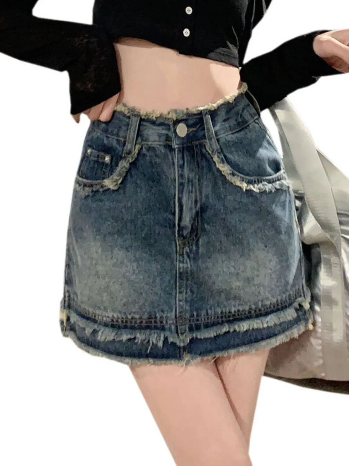 

Women's Vintage Wash Denim Mini Skort High Waist Raw Hem Distressed Y2K Irregular Skirt Shorts