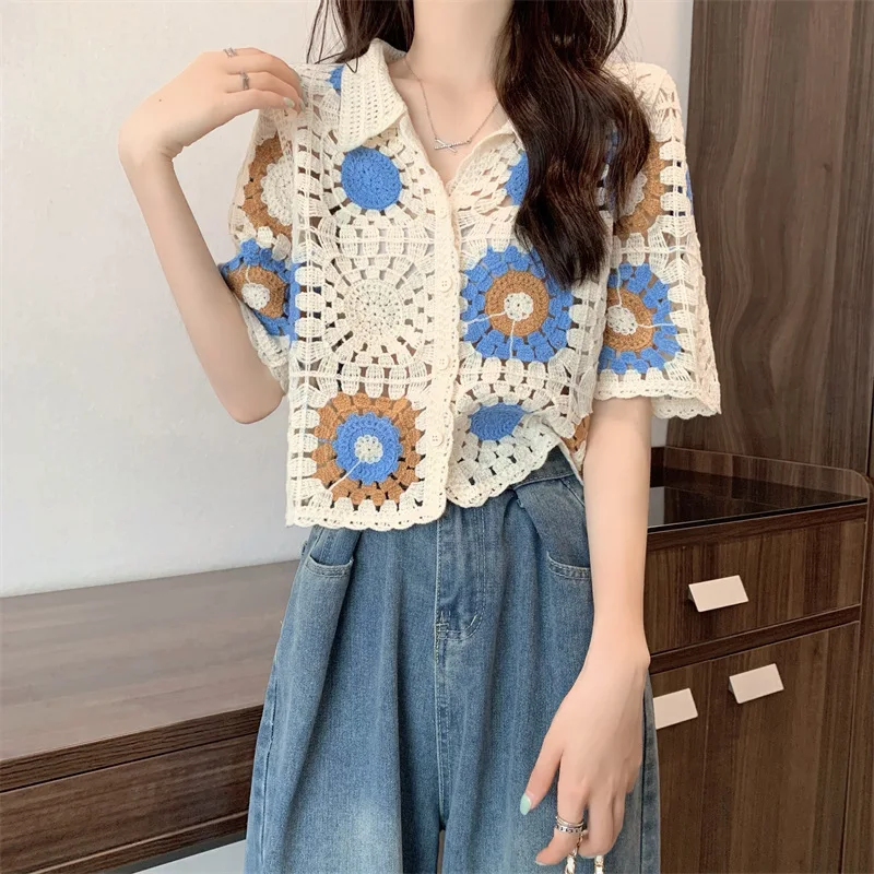 Women\'s Knitted Cardigan Thin Hollow -Sleeved T- Niche Polo Shirt Waist Short Top Wholesale