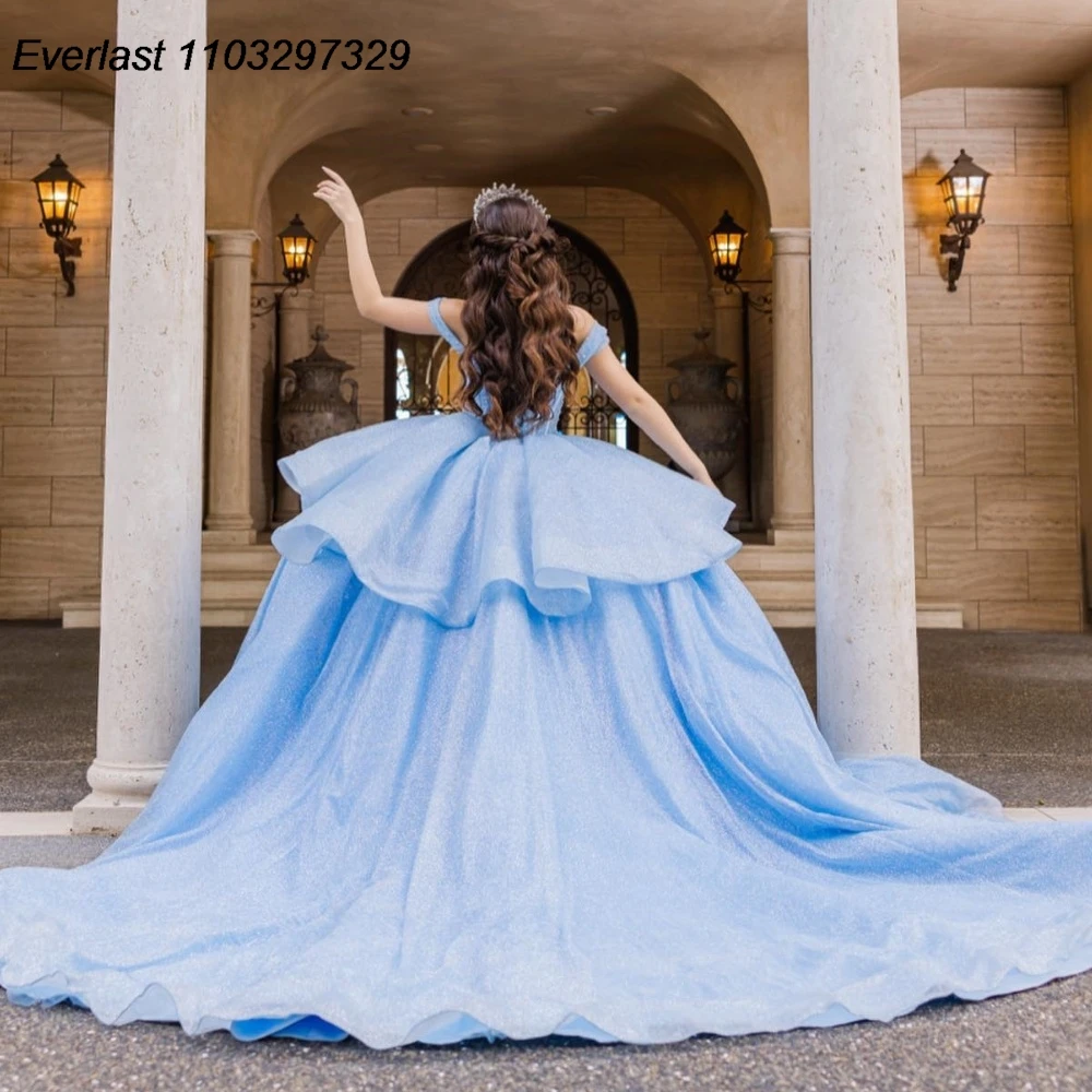 

EVLAST блестящее синее платье для Quinceanera бальное платье аппликация с бусинами бриллиантами многоярусный мексиканский корсет милое 16 платья TQD810 15 лет