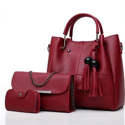 Ladies 3 Pcs Fashion Tassel Shoulder Bag Pu Leather Casual Tote For Women 2022 New Wild Three-Piece Messenger Bag Solid Handbags