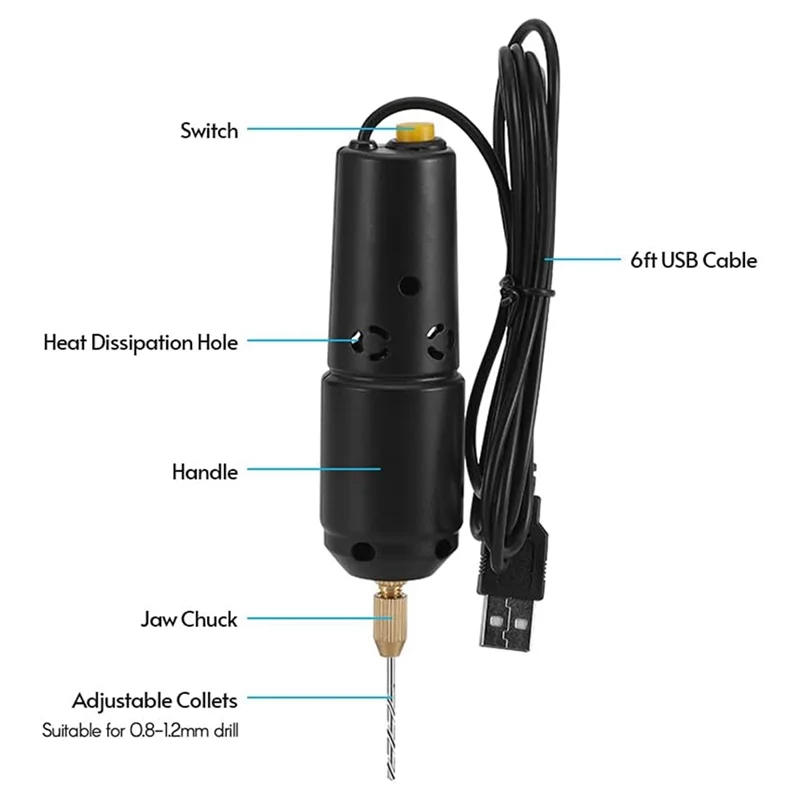

Мини-дрель для изготовления ювелирных изделий, набор электрических USB-сверл с 10 сверлами от 0,8 до 1,2 мм для литья смолы, сверления-B61B