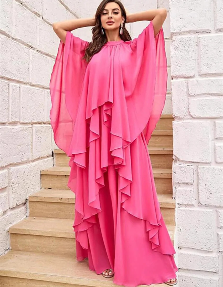 French Elegant Runway Summer Rose Red Chiffon Holiday Long Dress Women Stand Collar Batwing Sleeve Ruffles Irregular Maxi Robe