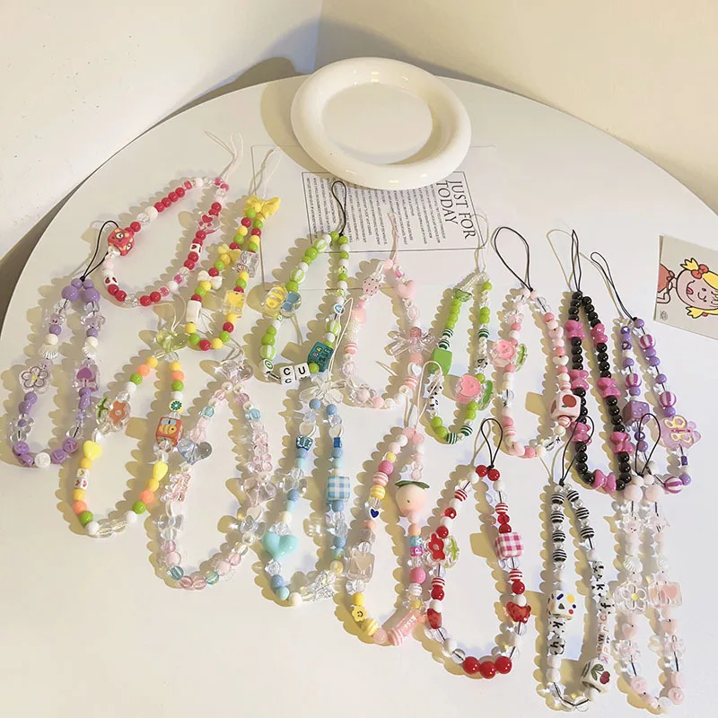 

1Pcs Kawaii Colored Bead Hanging Keychain Phone Strap Fashion Short Wrist Bracelet Lovely Phone Pendant Cute Phone Accessories