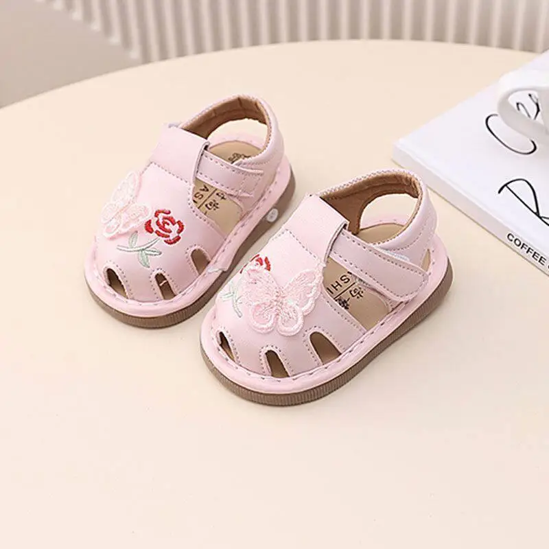 プリンセスサマー通気性幼児用歩行学習シューズ、ソフトボトムヘッドカバーサンダル、0〜2歳女児用アウトドアシューズ