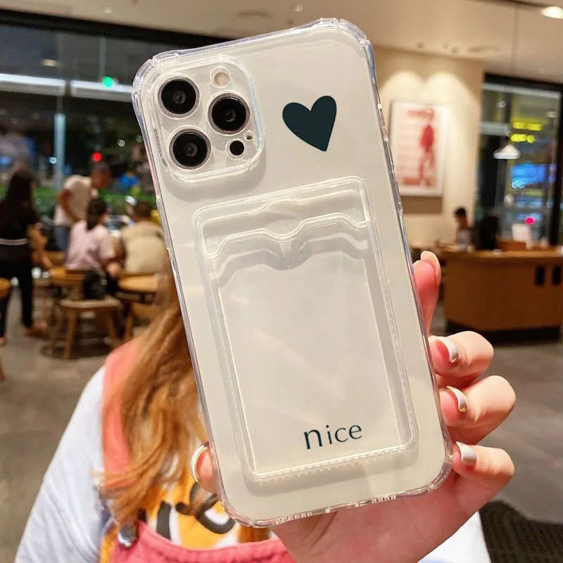 Card Bag Holder Clear Case For iPhone 15 Pro Max 14 13 12 11 With Love Heart Print Cover For iPhone XS X XR 7 8 Plus SE2020 Case
