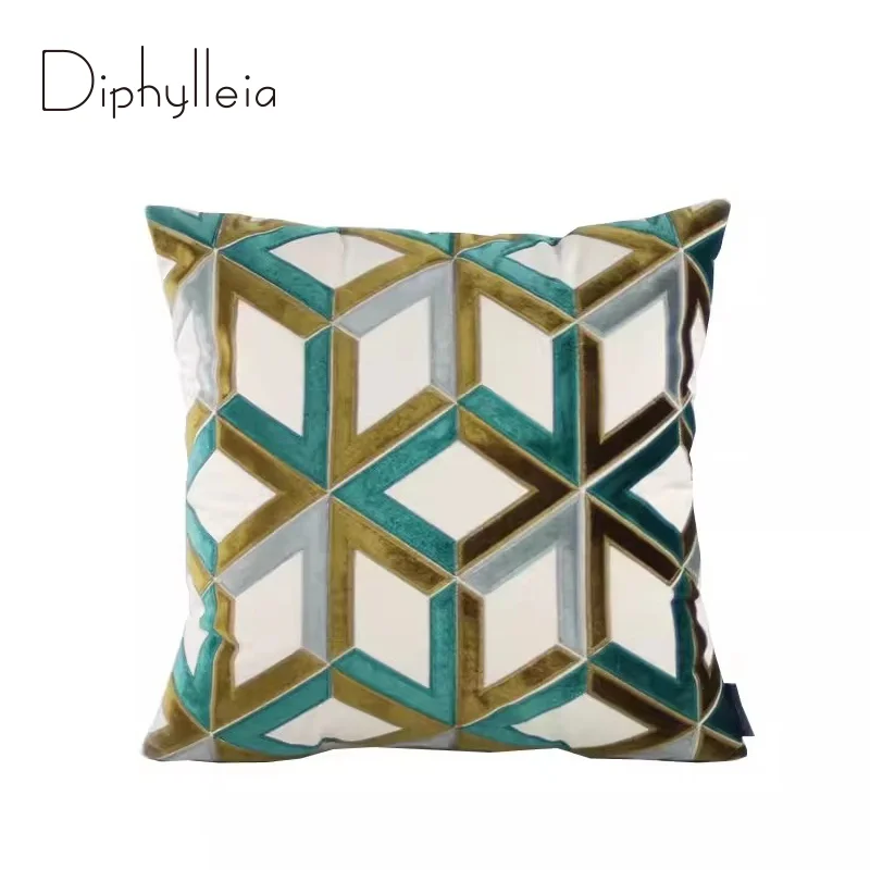 Diphylleia Modern Retro Interlocking Stripes Cushion Cover Teal And Gold 3D Cut Velvet Decorative Throw Pillow Case For Sofa Bed
