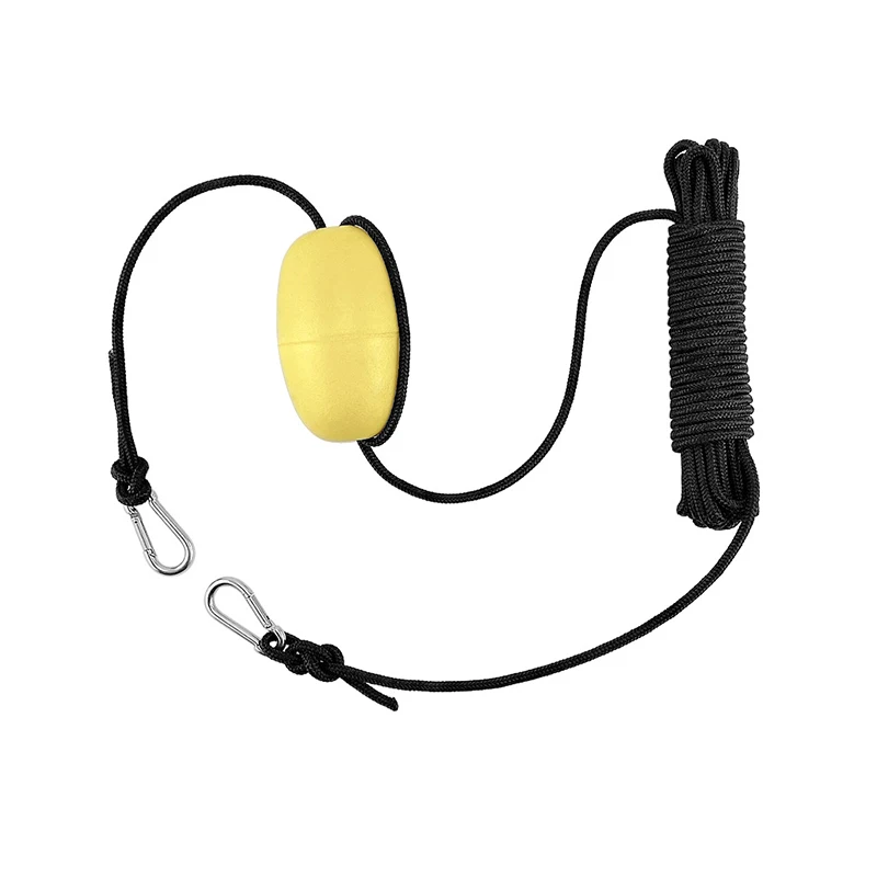 30 ft. Marine Rope Tow Line, Buoy Ball Float Leash & Stainless Steel Hook for Fishing Drift Anchors System, White, Yellow