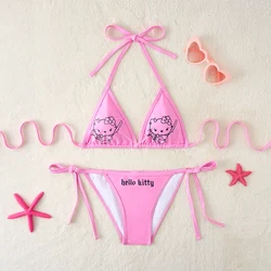 2Pcs Kitty Bikinis Set Kawaii Swimsuit Sexy Bikini 2024 Women Summer Y2k Strappy Pantie Swimwear Beachwear Girl