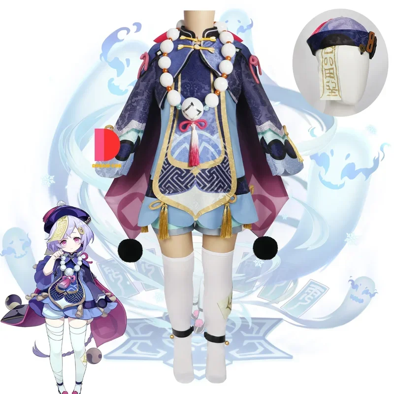 Genshin Impact Qiqi Косплей Костюм Зомби Девушка Ци Ци Платье Шляпа Заклинания Носки Хэллоуин Наряд для Женщин Детей Comic Con Hot S #   1