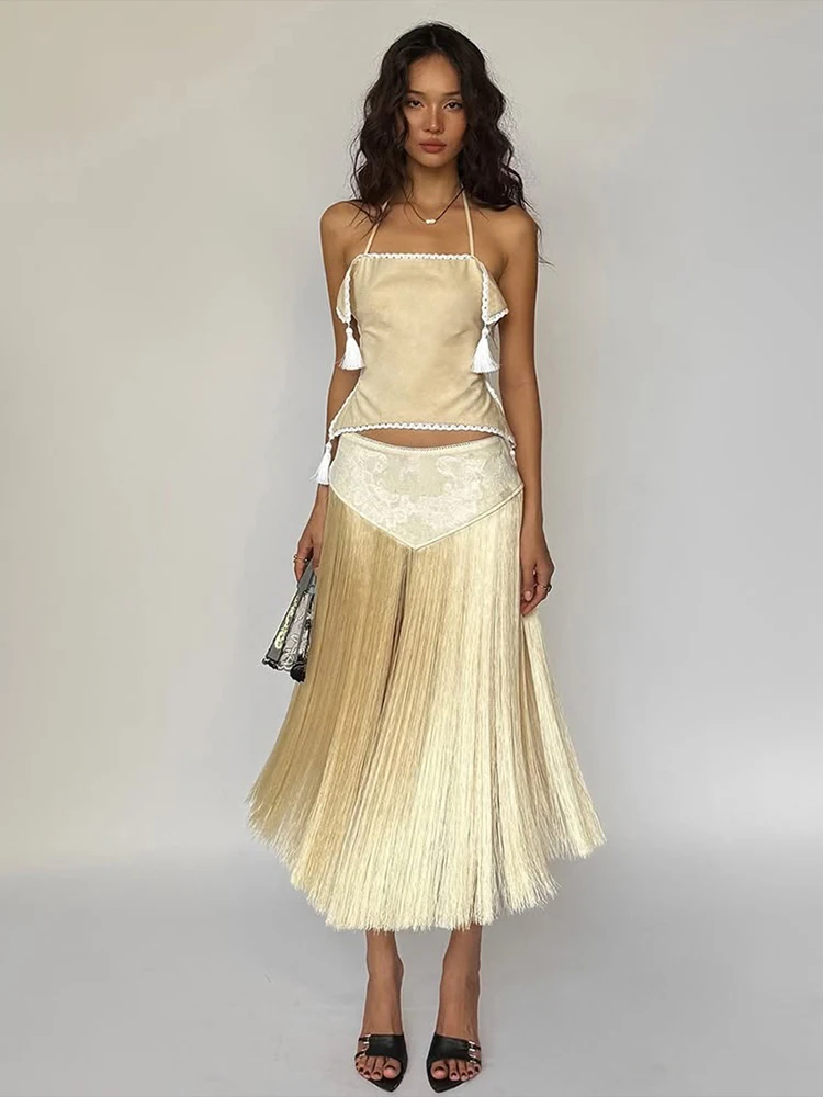 Sisterlinda شرابة الرسن 2 قطعة مجموعة المرأة مثير غير النظامية عارية الذراعين الضمادات تانك القمم المرقعة تنورة الاتجاه الجديد ملابس الشارع الشهير #5