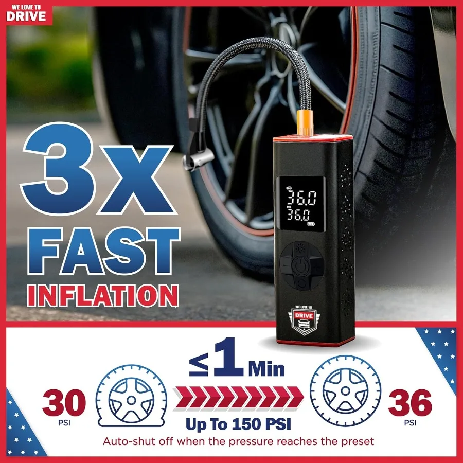 ضاغط هواء كهربائي محمول 12 فولت تيار مستمر لمنفاخ إطارات السيارات مع أقصى ضغط 150 رطل لكل بوصة مربعة ومقياس ضغط الإطارات المدمج