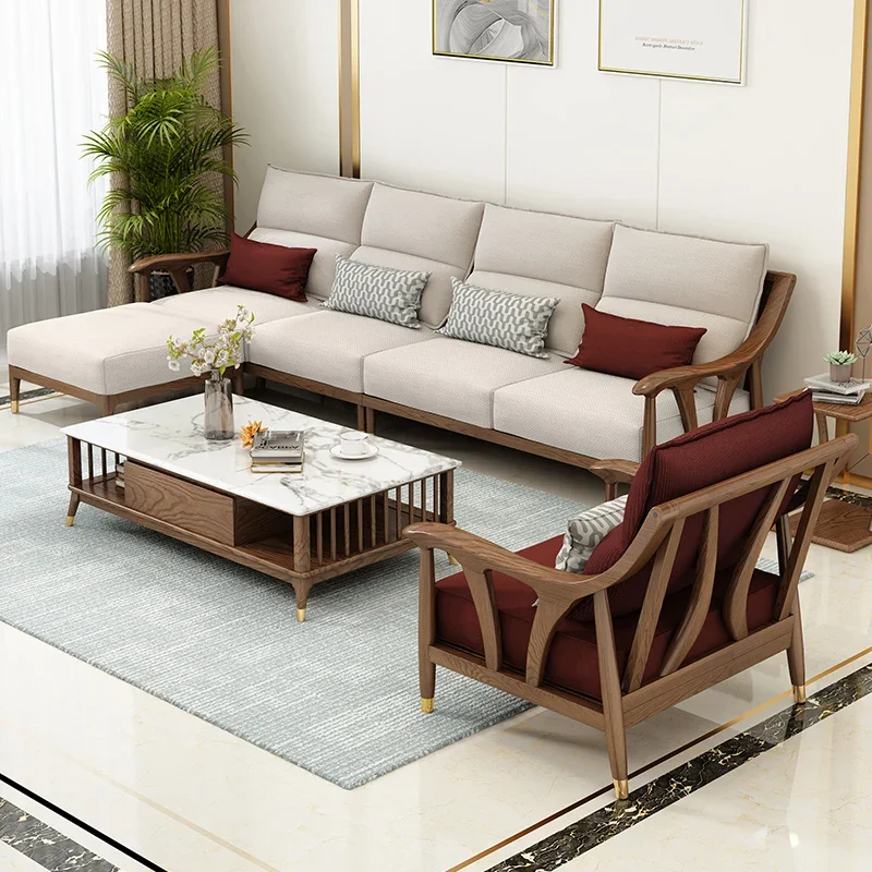 جميع أريكة الخشب الصلب مزيج شقة صغيرة غرفة المعيشة الشمال ضوء الفاخرة ثلاثة أشخاص أريكة قماش الرماد الأثاث الخشبي #5