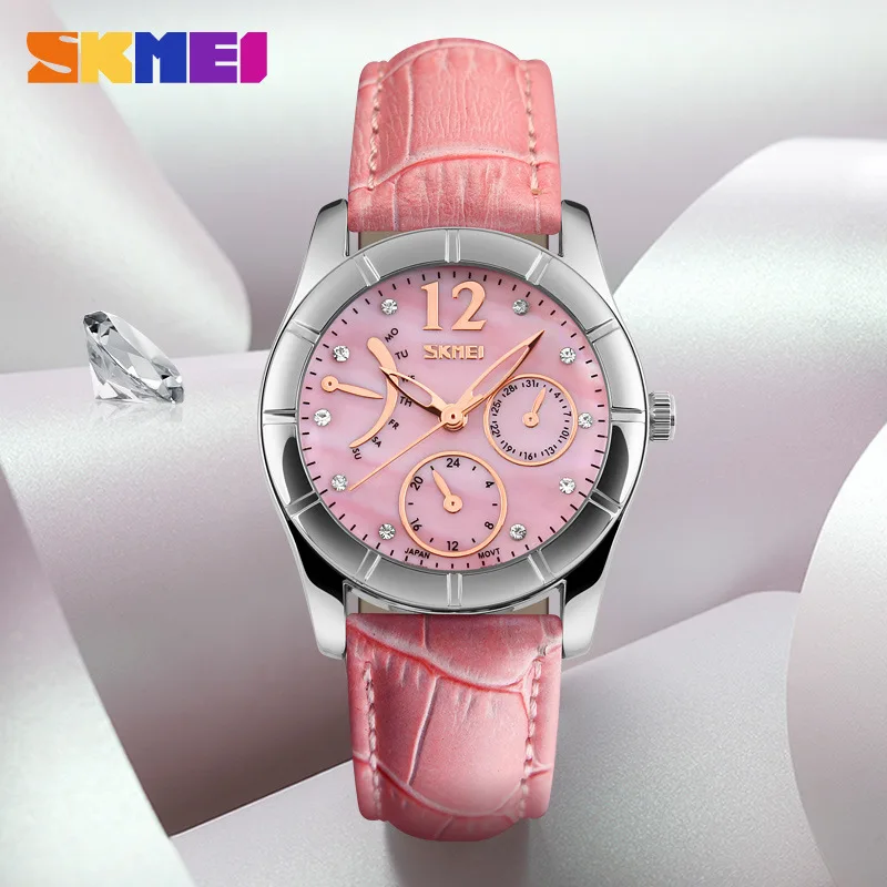 SKMEI นาฬิกาควอทซ์สำหรับนักธุรกิจ, นาฬิกาของขวัญนาฬิกาผู้หญิงหรูหราสไตล์แบบญี่ปุ่นและเกาหลีสีสันสดใสกันน้ำ