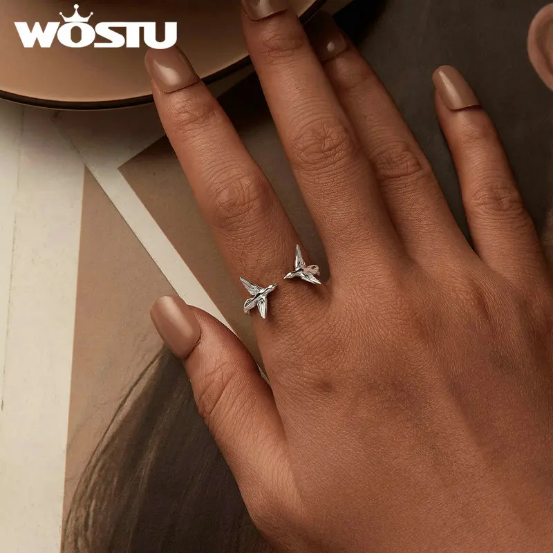 WOSTU Real 925 Sterling Silver Double Kingfisher Opening Ring For Women Cute Bird Stackable Rings Jewelry Gift Party Accessories