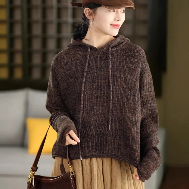 

Women Casual Cotton Sweaters New Arrival 2025 Autumn Simple Style Solid Color Loose Female Knitted Hooded Pullovers M2157