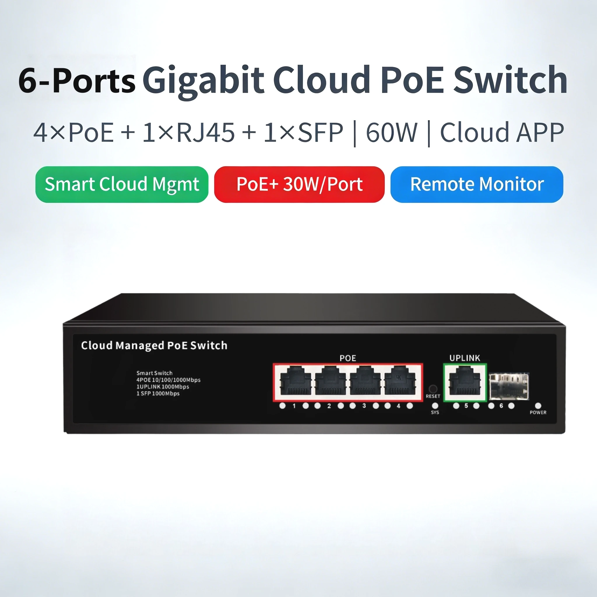 6-Port Gigabit Cloud & Web Managed PoE+ Switch, 4 PoE+ 60W, 1 RJ45+1 SFP, VLAN/QoS/IGMP/LAG, Fanless All-Metal, 4KV, Plug&Play