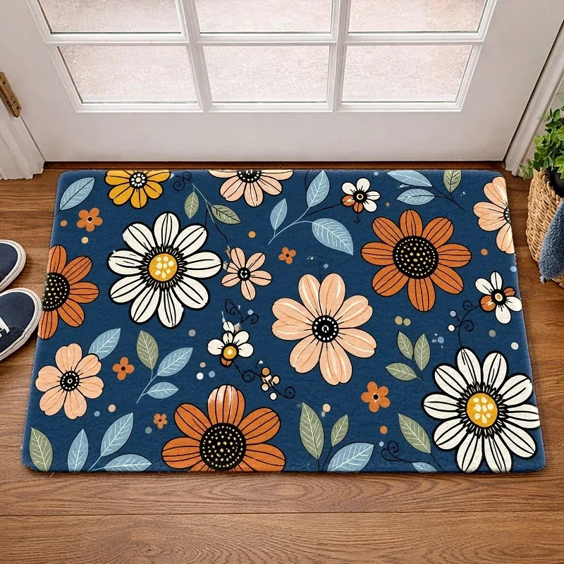 Navy Blue Retro Floral Doormat Hand‑Drawn Daisy Print Floor Mat Boho Simple Botanical Rug for Indoor Front Door Home Decor
