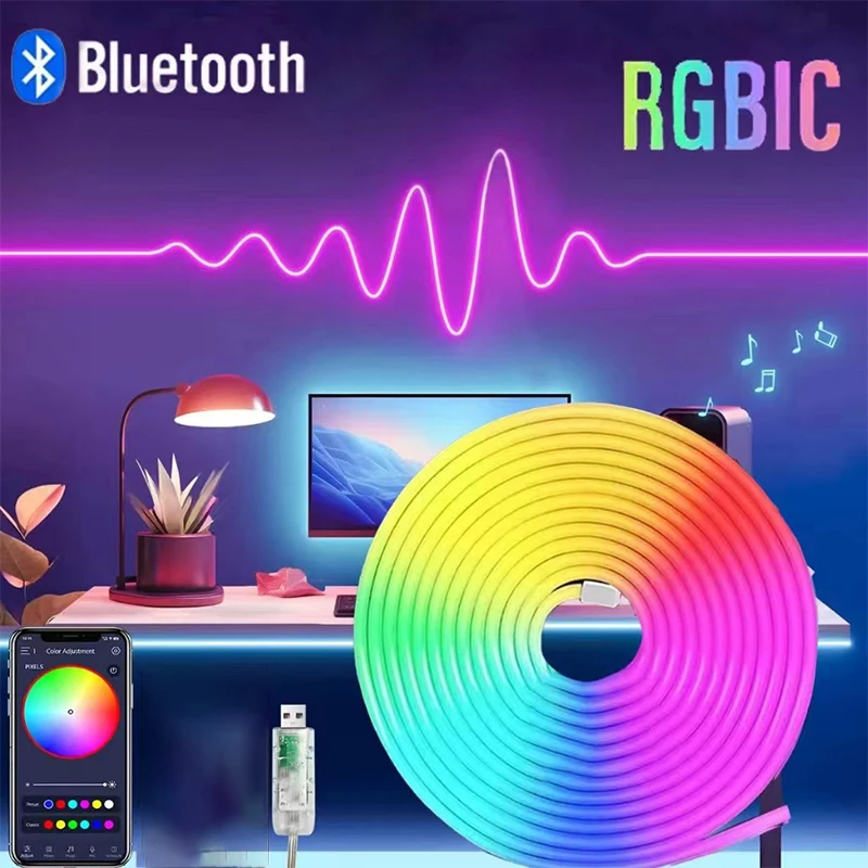 

DC5V RGBIC Neon LED Strip Lights Neon Rope Light with Music Sync DIY RGBIC Dreamcolor Chasing Strip Tape for Home Decor Lighting