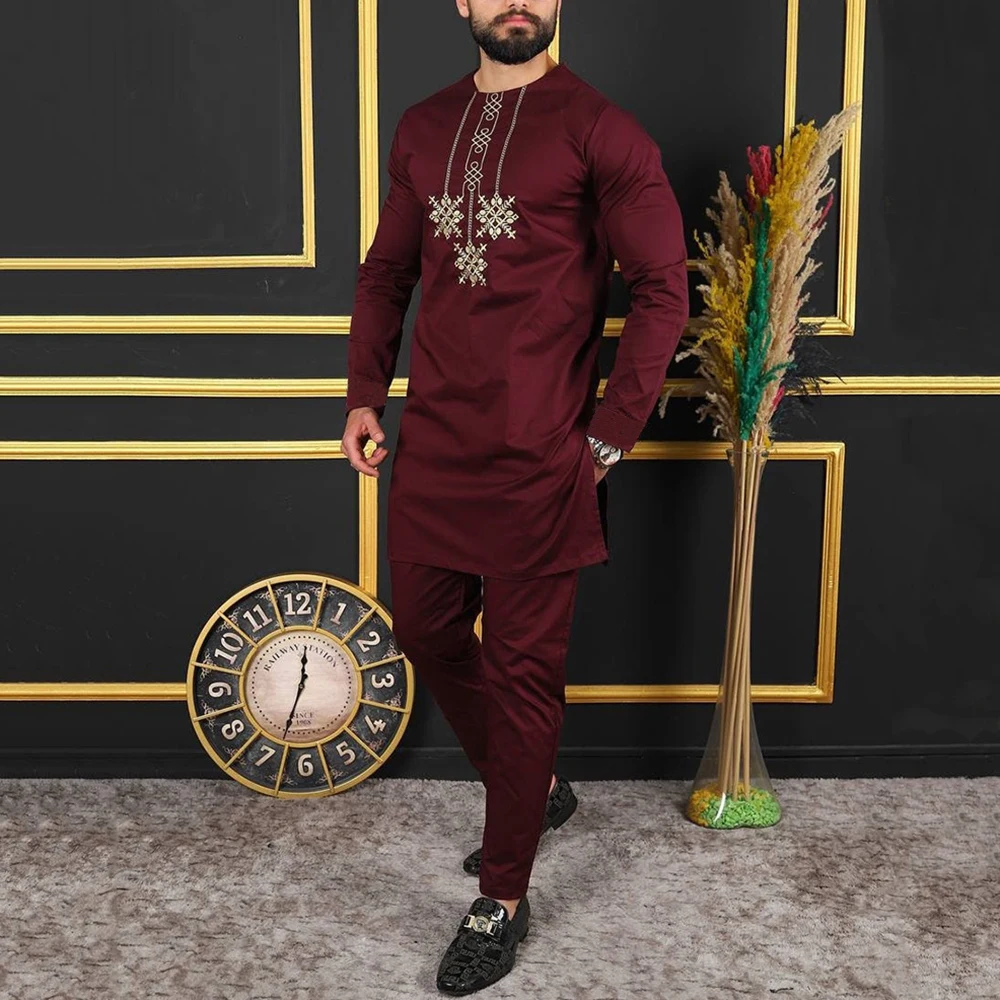 Kaftan Luxury Men Suit Embroied Top Trousers 2 Piece Set Dashiki African Traditional Ethnic Style Clothes For Man Wedding Dress