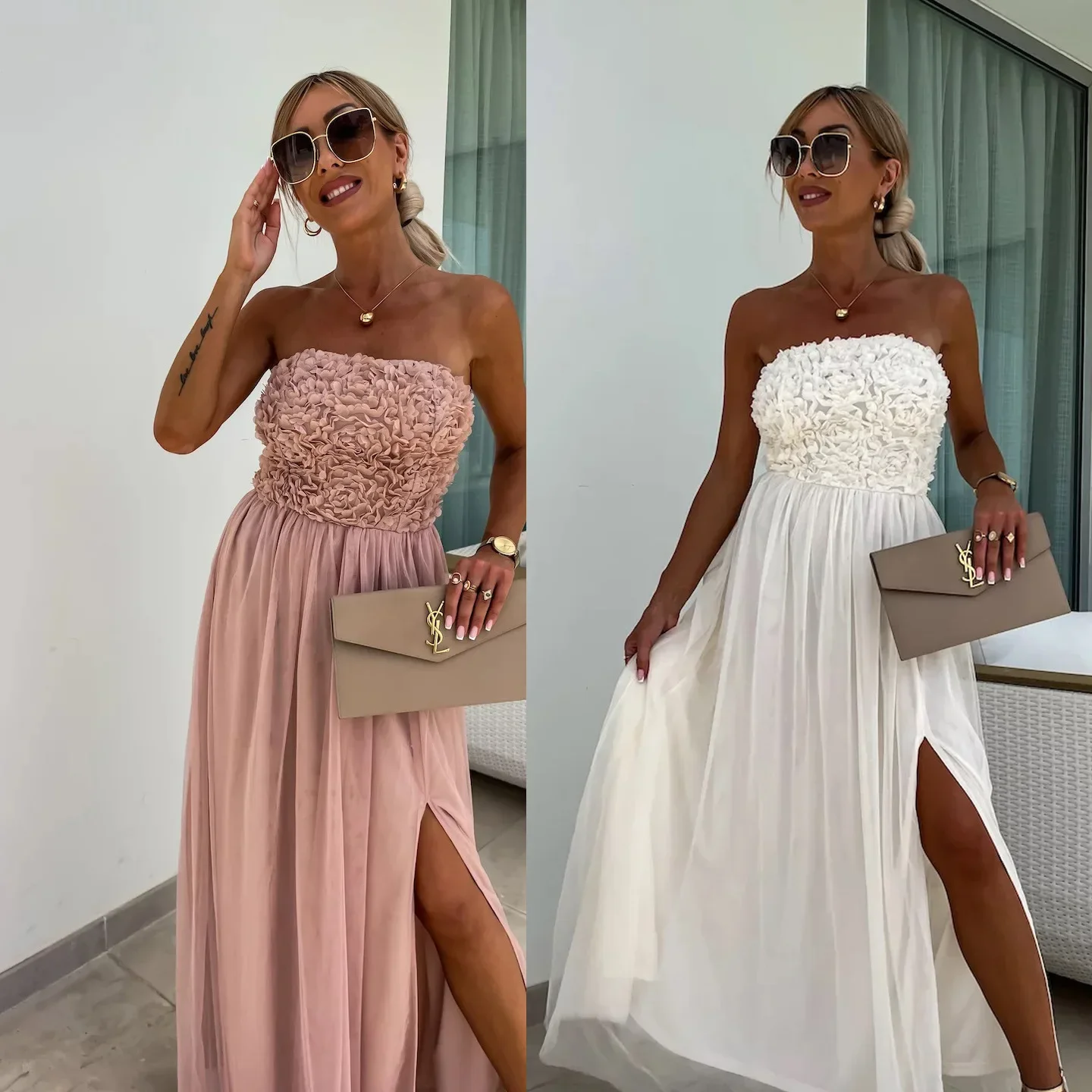 Women Strapless Sleeveless Long Maxi Dress Flower Floral High Waist Solid Color Floor Length Dress Sexy Summer