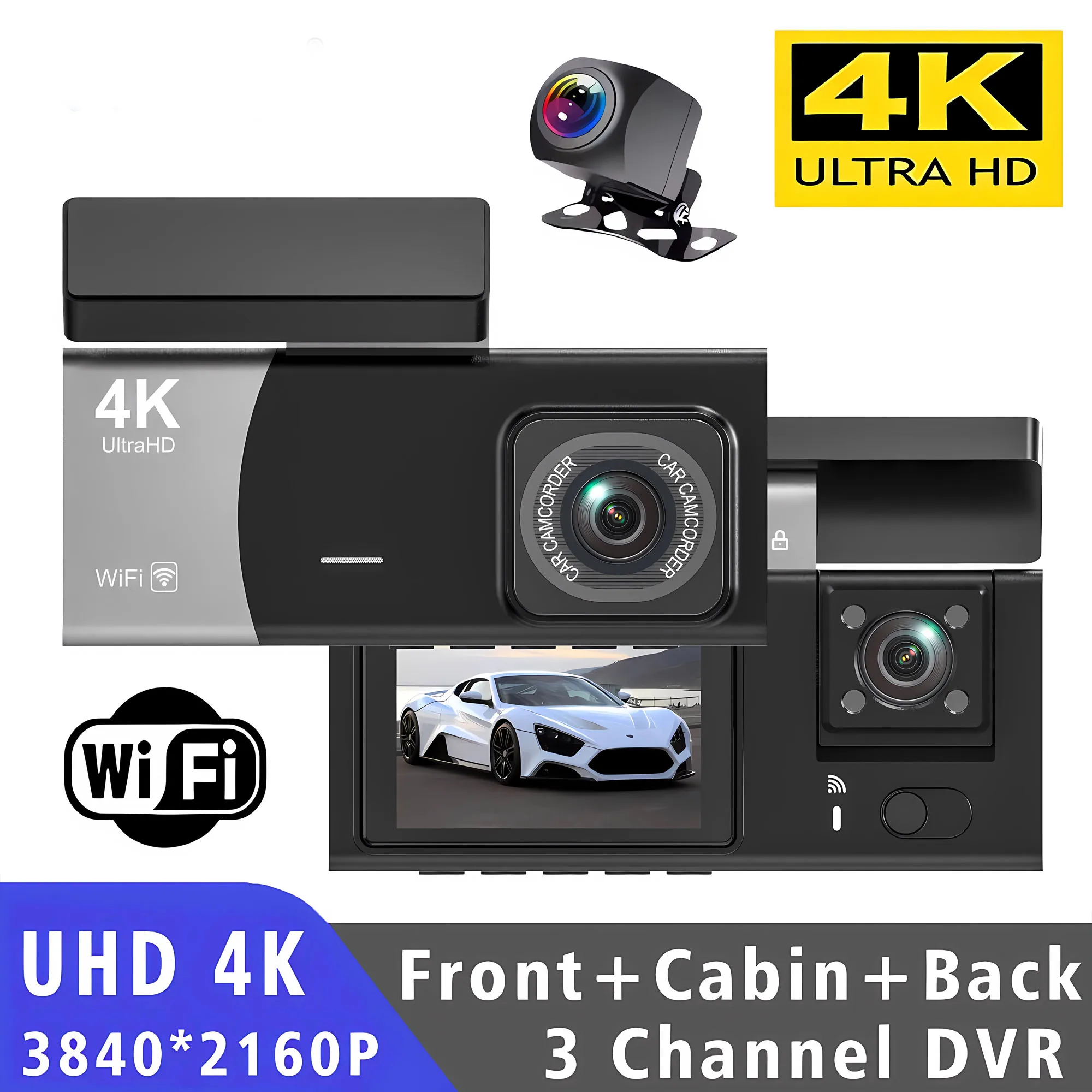 3 Channel 4K 2160P Dash Cam Car Front And Rear Built-in WiFi Car DVR Camera With APP Control Night Vision 24H Parking Dashcam