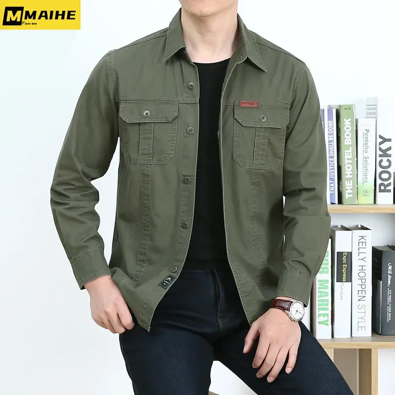 

high quality Shirt Men's Brand Clothing 2024 Spring Tactical Cargo Shirt Men's Long Sleeve Casual Cotton Shirt Black Top 6XL